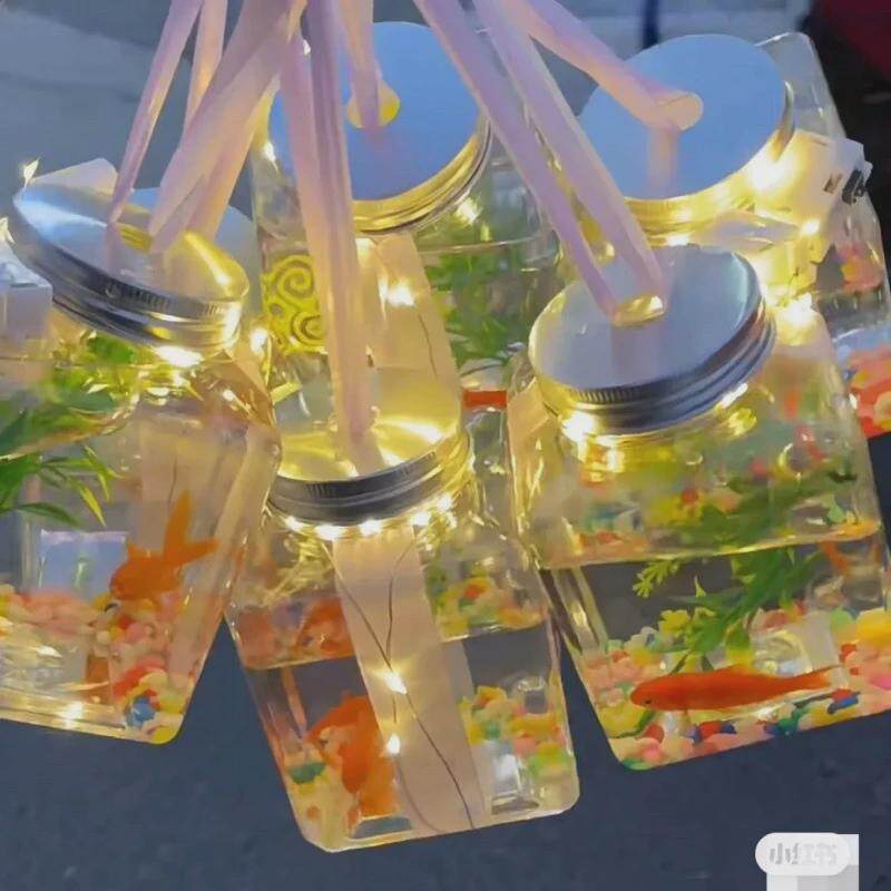 网红盒子金鱼小夜光泡泡鱼一整套发光方形罐罐鱼鱼缸瓶子摆地摊