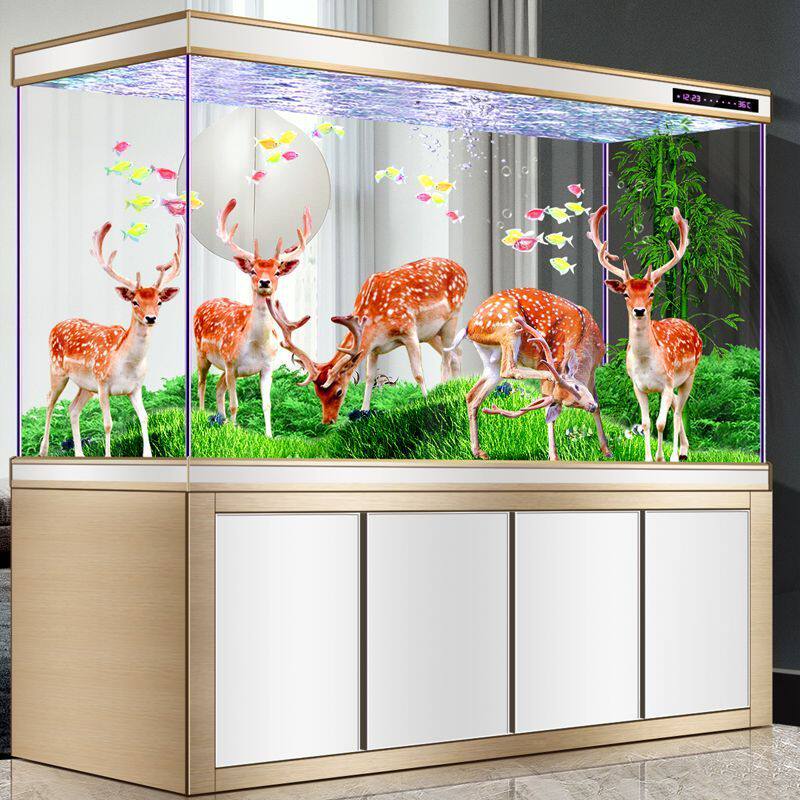 W網4超白底过滤鱼缸客厅家用中大型办公室水族玻璃屏风玄关隔断金
