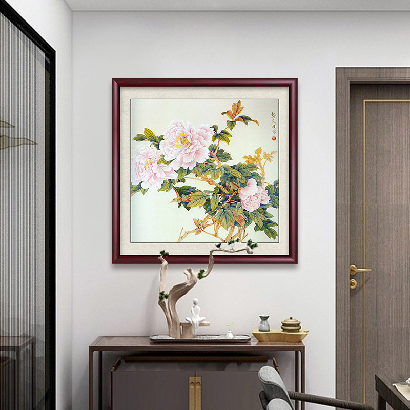 斗方新中式国画入户玄关装饰画牡丹花客厅餐厅花开富贵背景墙挂画