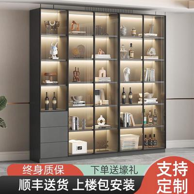 书柜带玻璃门展示陈列现代轻奢定制家用客厅一体整墙到顶书架防尘