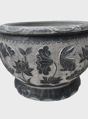 石雕花盆户外庭院摆件养鱼石缸仿古荷花缸雕塑装饰青石雕刻石圆缸
