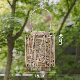 自然色风灯草编提手三角烛台灯笼落地挂饰摆件手工编织田新款