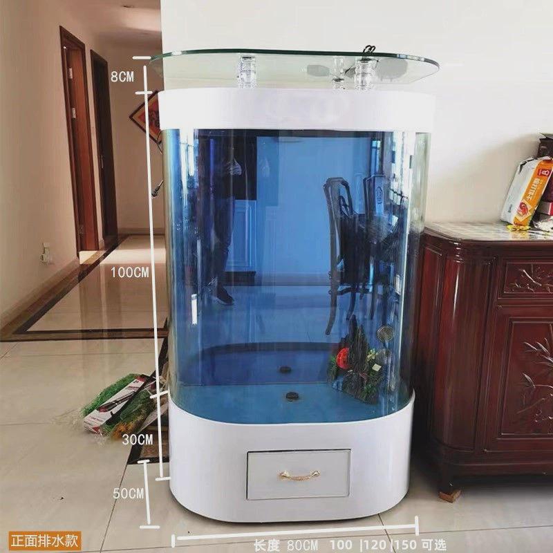 鱼缸客厅大型家用欧式造景双圆弧形落地大中型免换水族箱增氧靠墙
