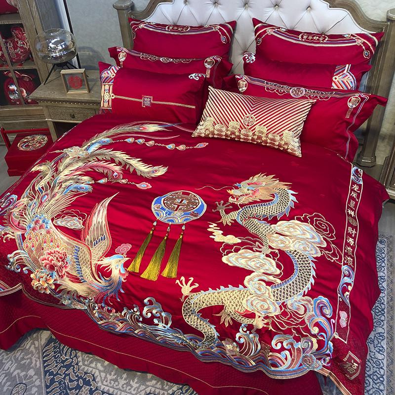 九喜刺绣婚庆家纺结婚床上用品备婚四件套婚房布置喜被红色龙凤狐