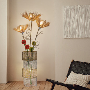 藤编落地灯创意花朵中式民宿禅意茶室艺卧室床头灯藤客厅灯氛围落