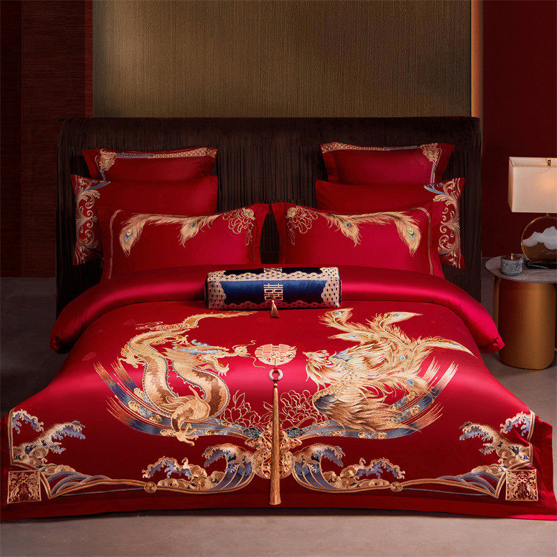 轻奢高级感160支长绒棉结婚四件套刺绣婚庆大红六件套绣花十件套