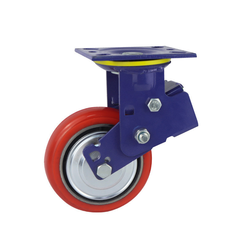 双蓝色弹簧减震轮铁芯pu轮4寸5寸6寸8寸万向轮胶块避震轮高弹静音