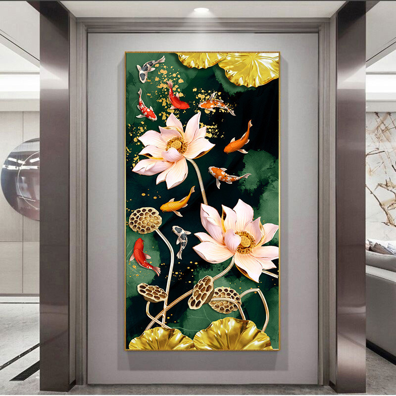 荷花九鱼图十字绣2023新款线绣大气手工刺绣简约现代玄关锦鲤客厅