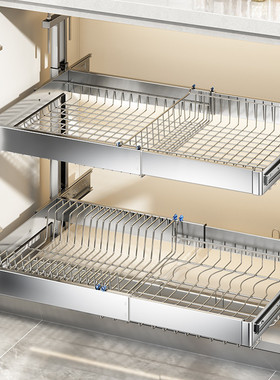 71tx304不锈钢碗碟置物架可伸缩放碗盘收下抽拉碗架拉篮厨房橱柜