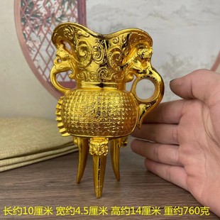 古玩鎏金双龙双耳貔貅居家酒杯水杯爵杯三足鼎立仿古收藏合金摆件