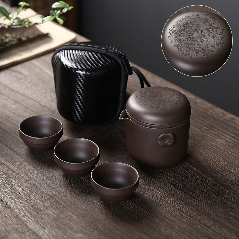 紫砂高端六杯旅行茶具玻璃快客公道杯一壶便携式茶水分离杯整套