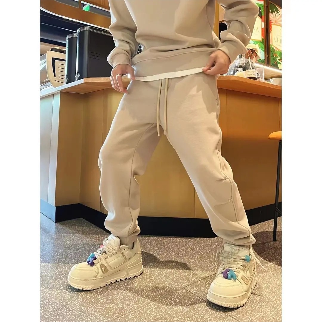 冬季加绒加厚纯色假两件休闲套装男士百搭宽松圆领卫衣卫裤两新款