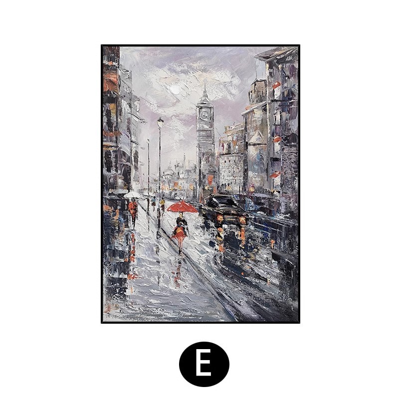 漫步黑白城市手绘油画玄关挂画沙发背景墙装饰画抽象立体客厅壁画