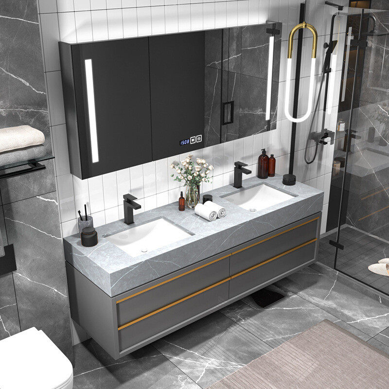 岩板实木双盆浴室柜组合轻奢现代简约智能镜洗手台盆卫生间洗漱台