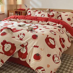 婚庆婚房四件套床上用品喜庆高级年轻人磨毛被套结婚大红色