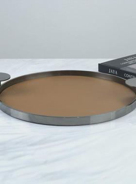 简约现代轻奢橘色黑色皮金属圆托盘客厅桌面时尚收纳摆件装饰品