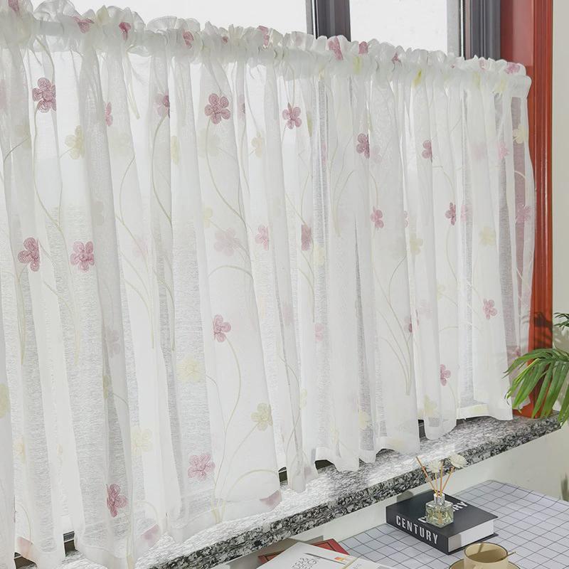 蓝色纱帘厨房飘窗美式免打孔半帘短帘遮挡遮阳帘魔术贴门帘帘田园