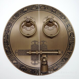 新中式仿古圆形门锁铜把手别墅大门插销复古铜片实木门环黄铜拉手