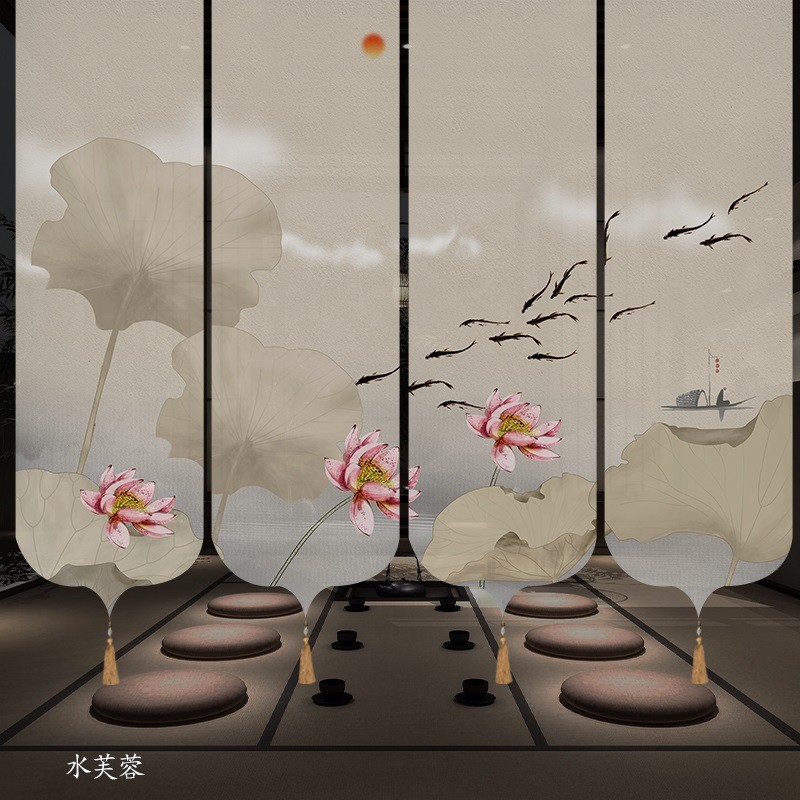 新中式茶室半透卷帘屏风中国风电动山水画软隔断窗帘遮光挂式纱帘