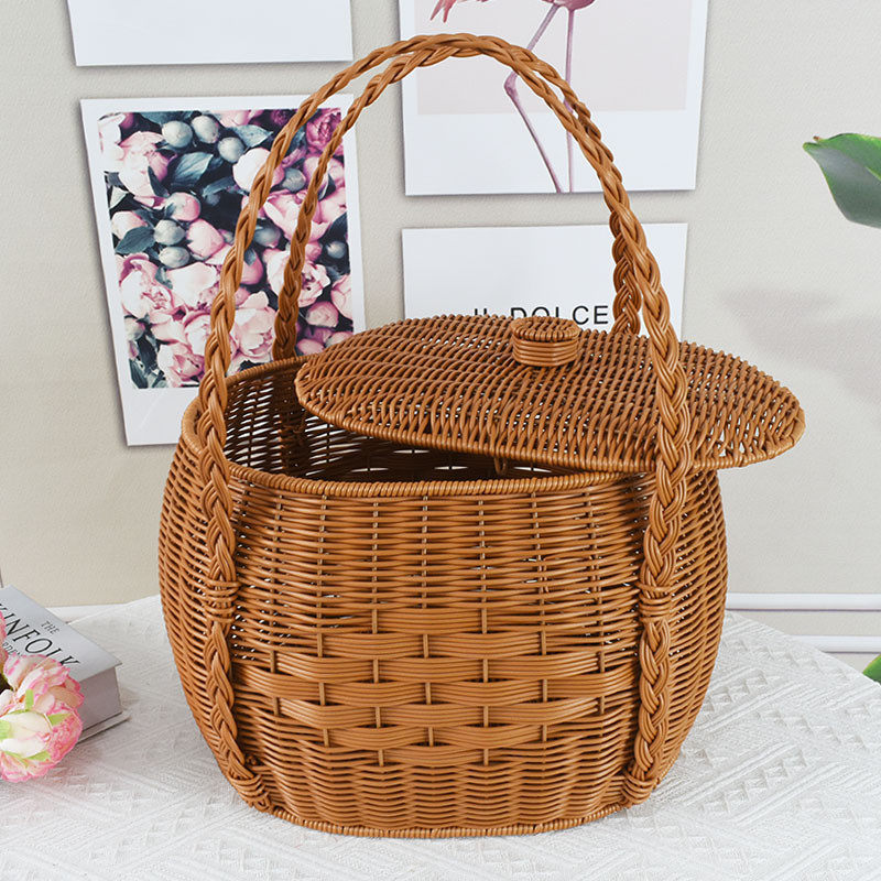 仿藤编购物篮手提水果篮买菜筐拍摄道具提手收纳筐带盖户外野餐篮,收纳整理,橱柜收纳筐,淘宝优惠券,粉丝福利购,淘宝优惠卷