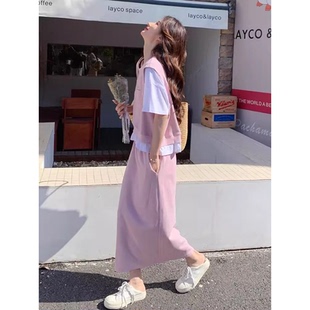 粉色休闲运动套装裙女夏2024新款韩系宽松假两件t恤两件套