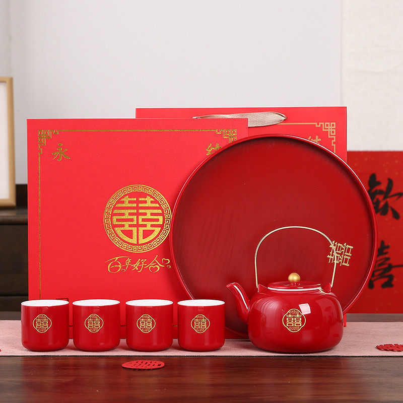 结婚改口敬茶杯新款茶具套装中式喜庆新娘订婚礼陪嫁红色托盘茶壶