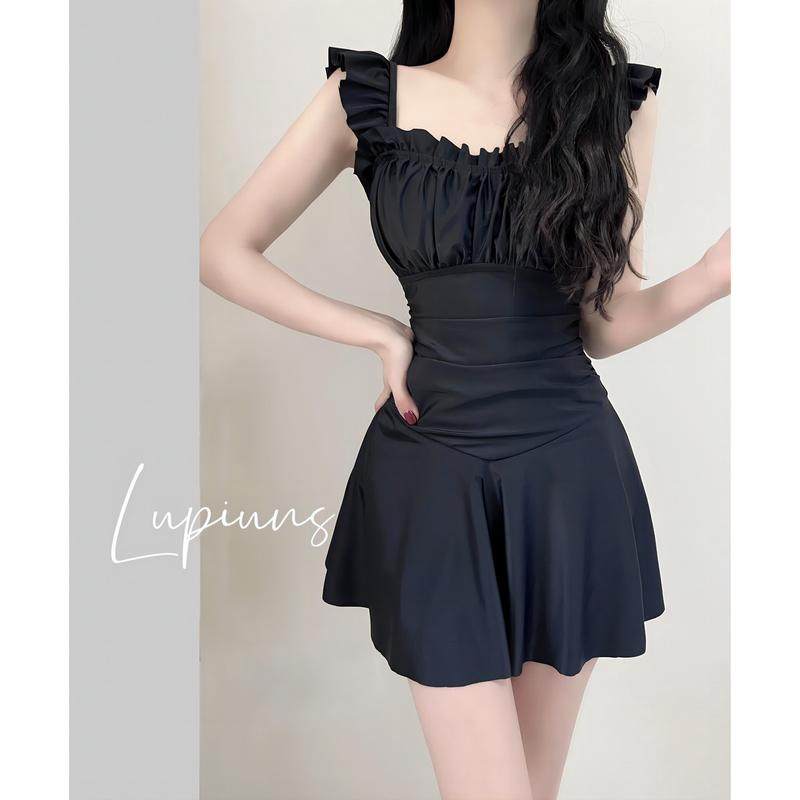 泡温泉泳衣女款小胸聚拢遮肚显瘦高级感保守连体黑色裙式游泳衣女