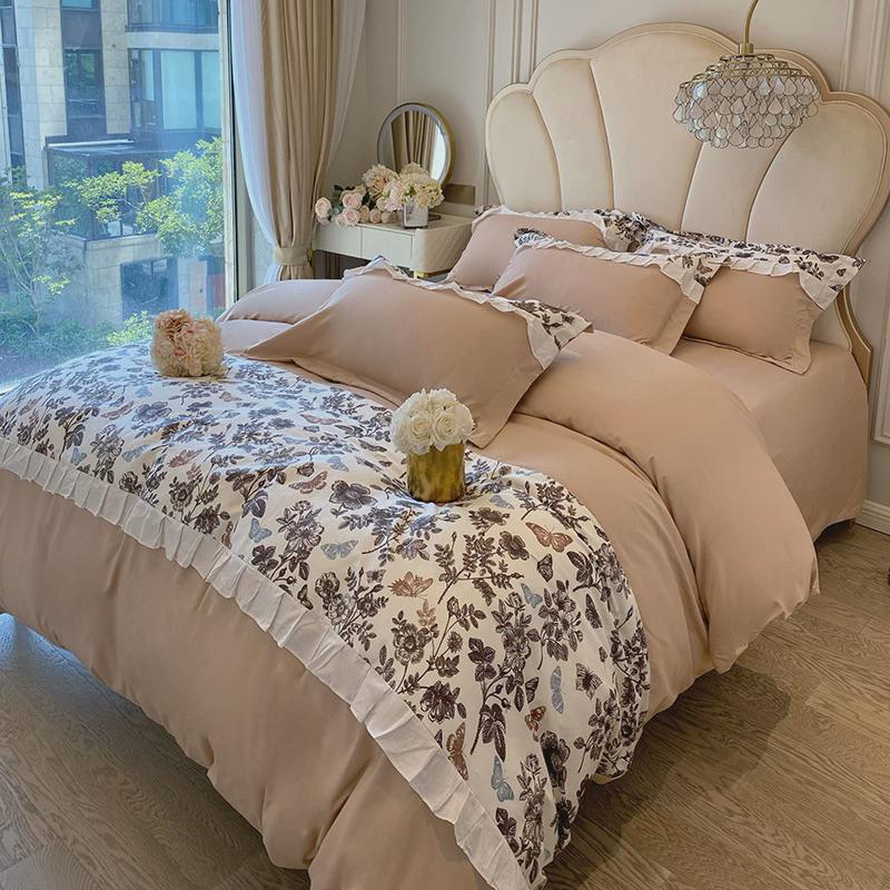 公主风裸睡被套碎花床单四件套花边水洗棉法式荷叶边清新被罩床笠