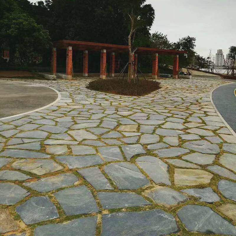 锈色青石板碎拼不规则乱铺路石板地形乱拼冰裂纹公园黑色园林假山