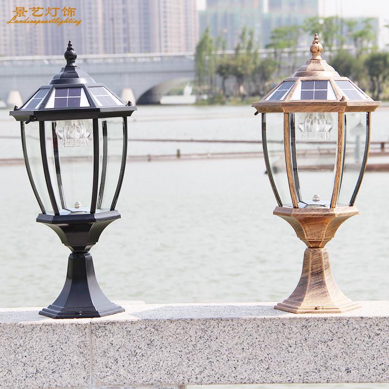 太阳能柱头灯家用室外花园大门庭院灯户外防水门柱灯围墙灯弯六角