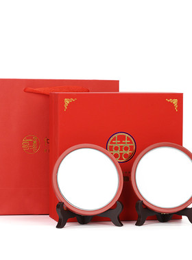 46n比翼连理结婚陪嫁新人镜子一对红色陶瓷圆镜便携补化妆妆小镜