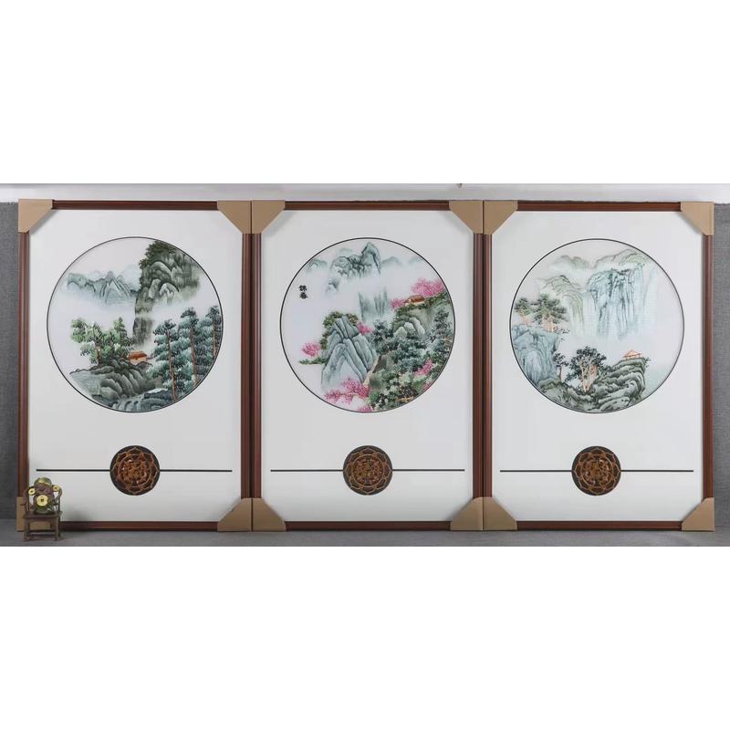 苏绣成品挂画透明娟丝刺绣新中式客厅三联带樟木苏绣装饰画