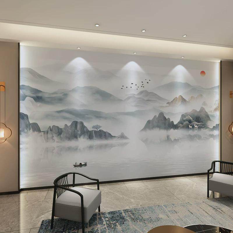 新中式抽象意境酒店山水墙纸水墨客厅电视背景墙壁布简约艺术壁画