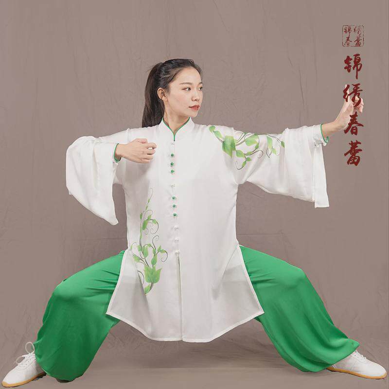 新款男女士秋季马蕾气功服武术练功晨练表演服彩绘太极服绿色希望
