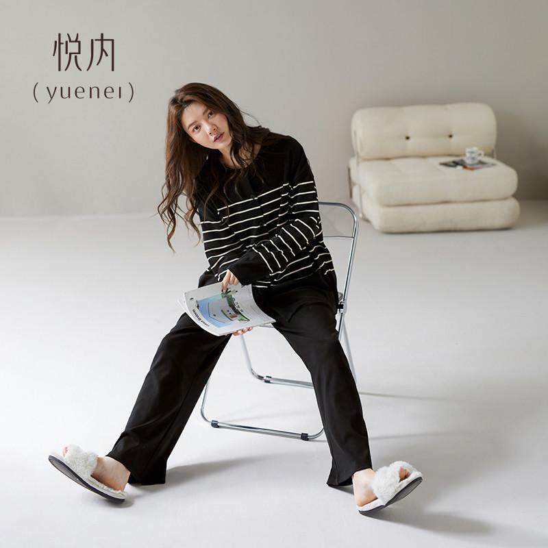 悦内带胸垫一体睡衣女款春秋季秋款纯棉长袖家居服薄款夏休闲条纹