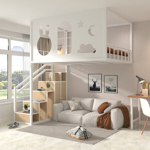 铁艺高架床单上层上床下空省空间树屋二楼悬空床阁楼床上铺高低床