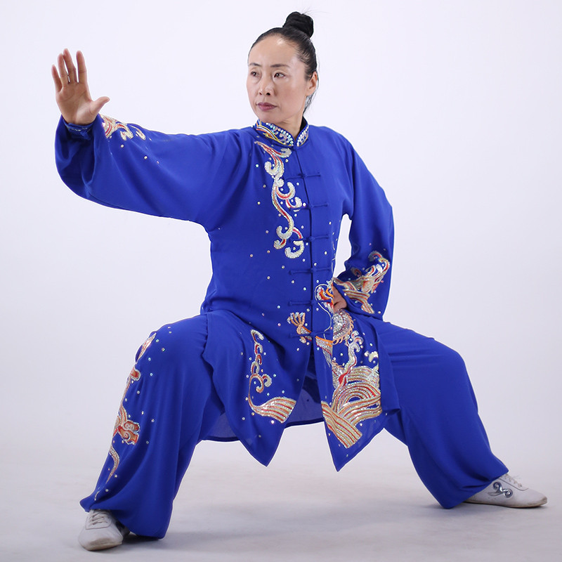 马蕾太极蓝中长款红比赛表演太极服女武术练功服夏高档贴纱绣订做