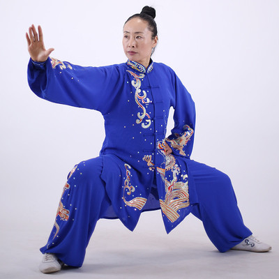 马蕾太极蓝中长款红比赛表演太极服女武术练功服夏高档贴纱绣订做