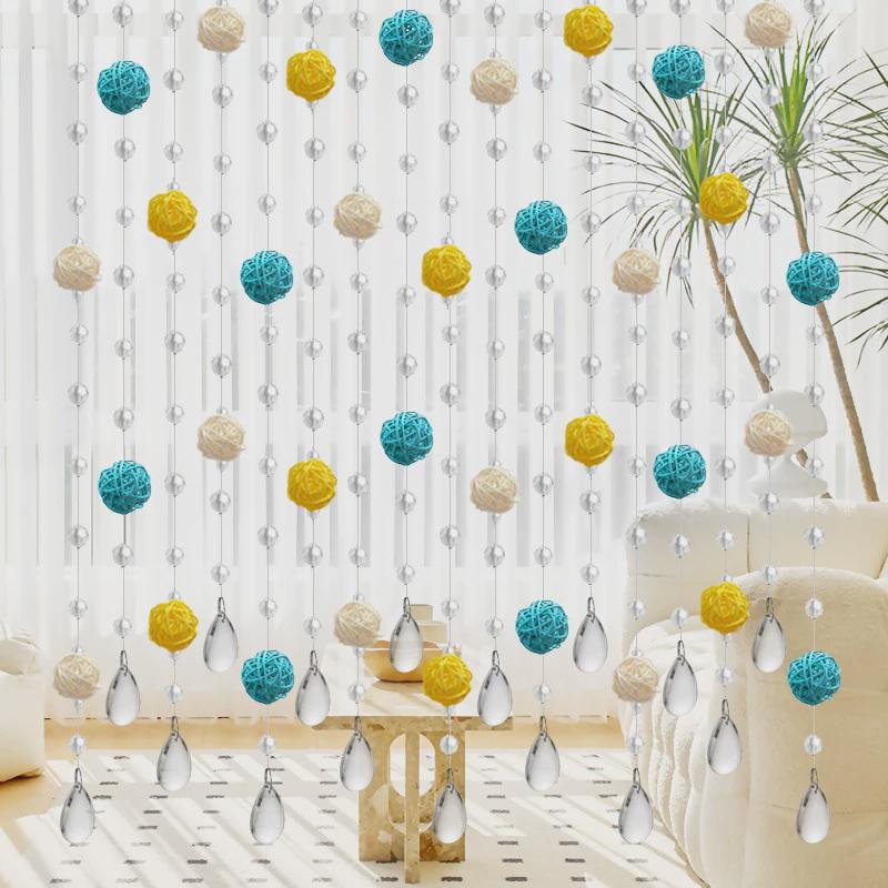 新款藤球客厅挂帘水晶珠帘隔断帘帘子卧室门帘玄关装饰免打孔珠帘