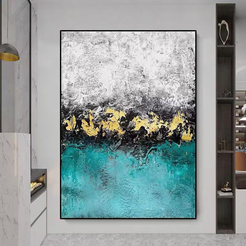 手绘肌理油画绿色艺术现代装饰画丙烯石英砂立体入户玄幻过道挂画图片