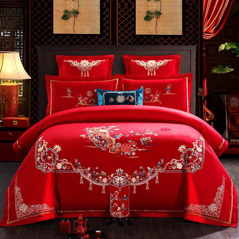欧式贡缎婚庆四件套大红色1.8m结婚床上用品新婚礼六件套刺绣床品