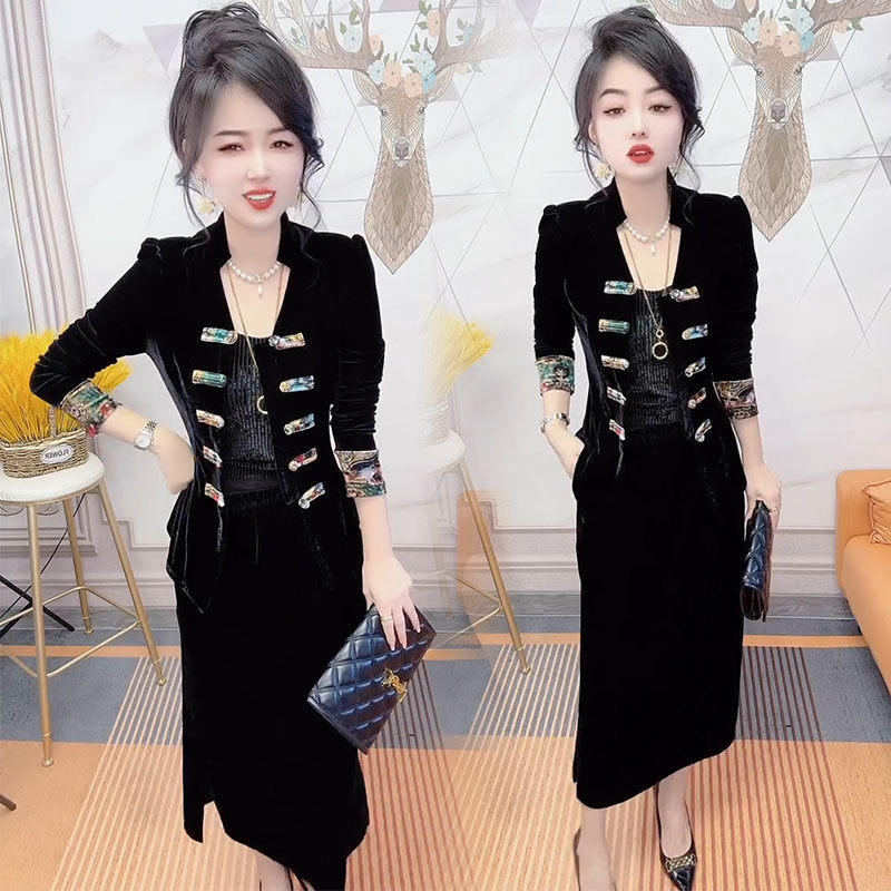 网红时尚套装女2023秋新款民族风盘扣开叉半裙气质显瘦两件套,女装/女士精品,时尚套装,淘宝优惠券,粉丝福利购,淘宝优惠卷