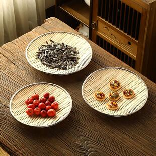 竹盘菜盘馒头筐水饺盘水果盘手工艺竹编干粮盘不锈钢包边可蒸煮