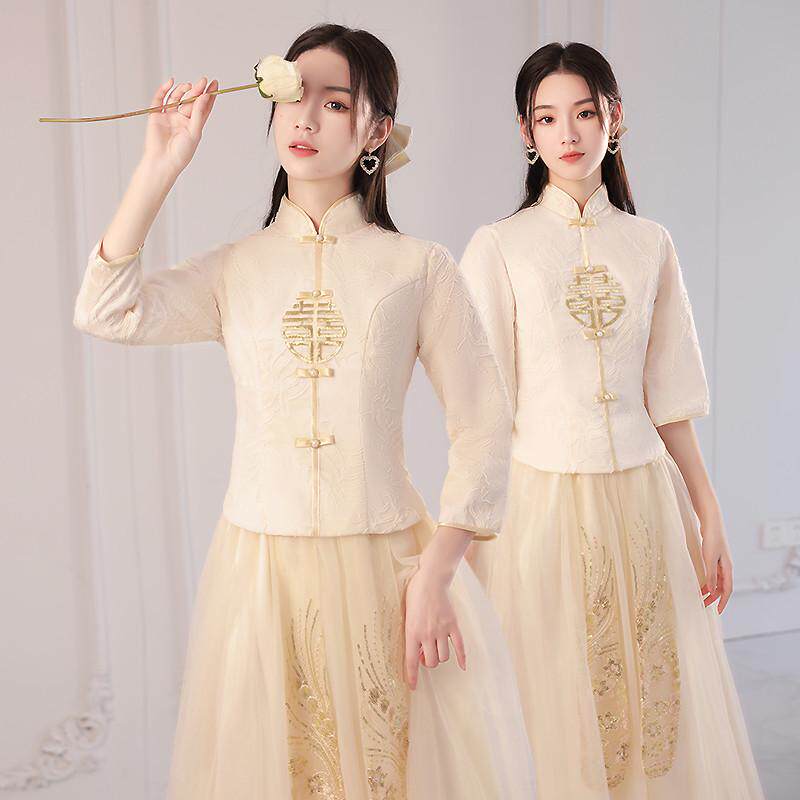 中式伴娘服2025新款中国风新娘结婚姐妹团裙香槟色A字裙 适用于成