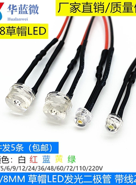 5mm8mm草帽头LED带线指示灯3V5V6V12V24V220V手电筒遥控器电路板