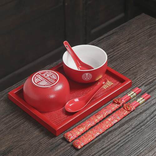 结婚敬茶杯茶具茶碗套装一对敬茶碗喜庆红色盖碗茶杯改口喜碗对碗