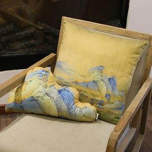 热销千里江山靠山背枕沙发新中式山水画抱枕客厅黄色靠枕山形靠垫