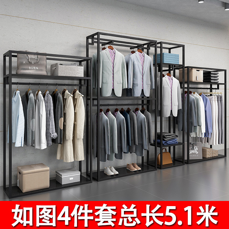 铁艺服装店展示架男装店铺货架落地式双层陈列挂衣架黑色金属包架