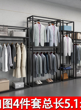 黑色服装店展示架男装店铺货架落地式双层陈列挂衣架铁艺金属包架