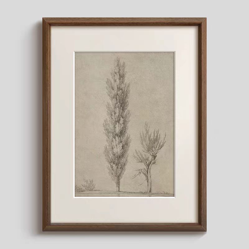 树》黑白素描客厅壁画法式复古中古风装饰画玄关走廊书房实木挂画图片